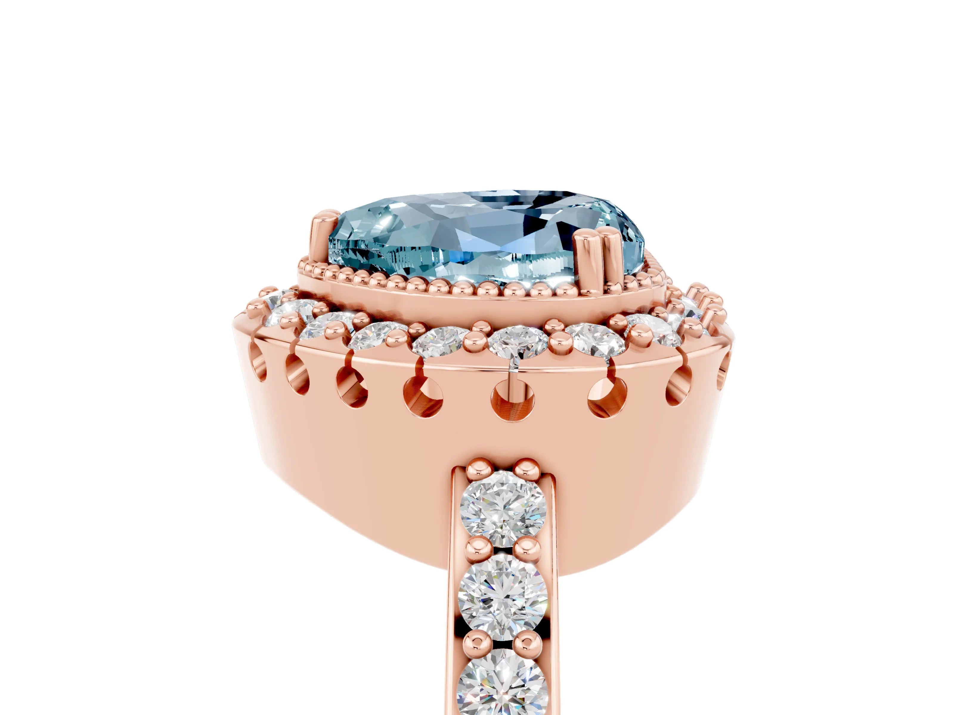 Rose gold Heart Cut Diamond Halo Ring with Pavé Band and Prong Setting_5
