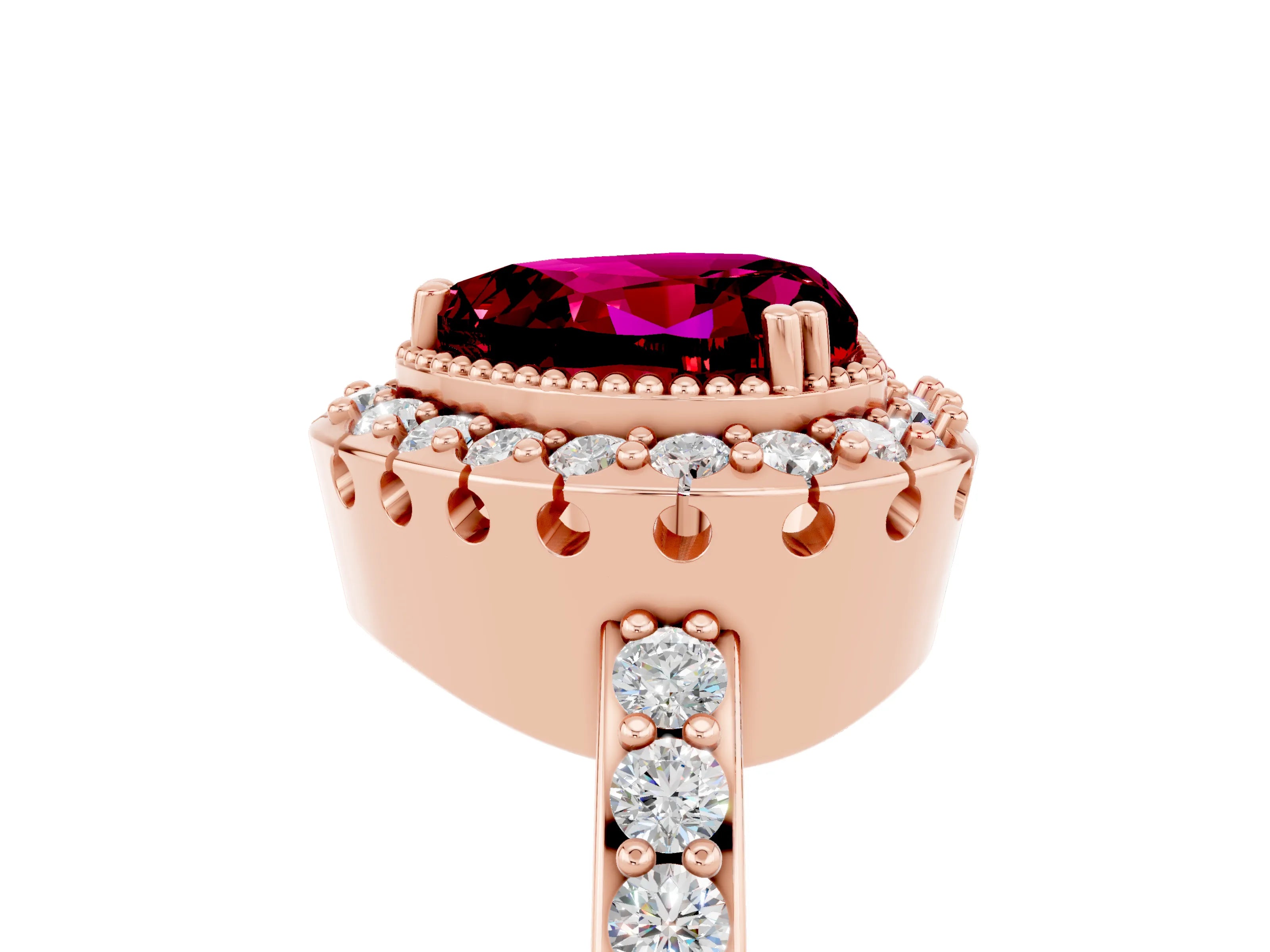 Rose gold Heart Cut Diamond Halo Ring with Pavé Band and Prong Setting_5