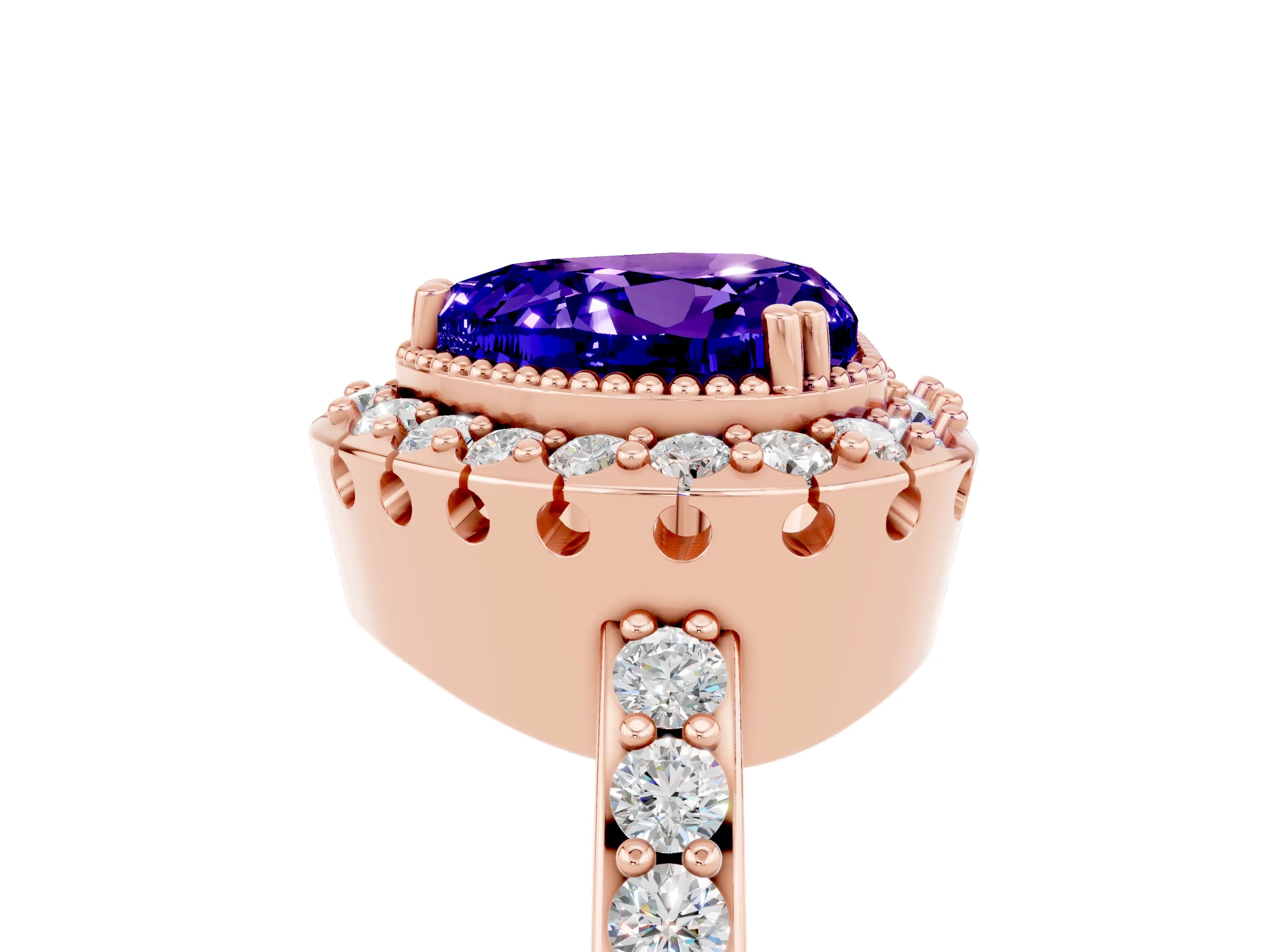 Rose gold Heart Cut Diamond Halo Ring with Pavé Band and Prong Setting_5