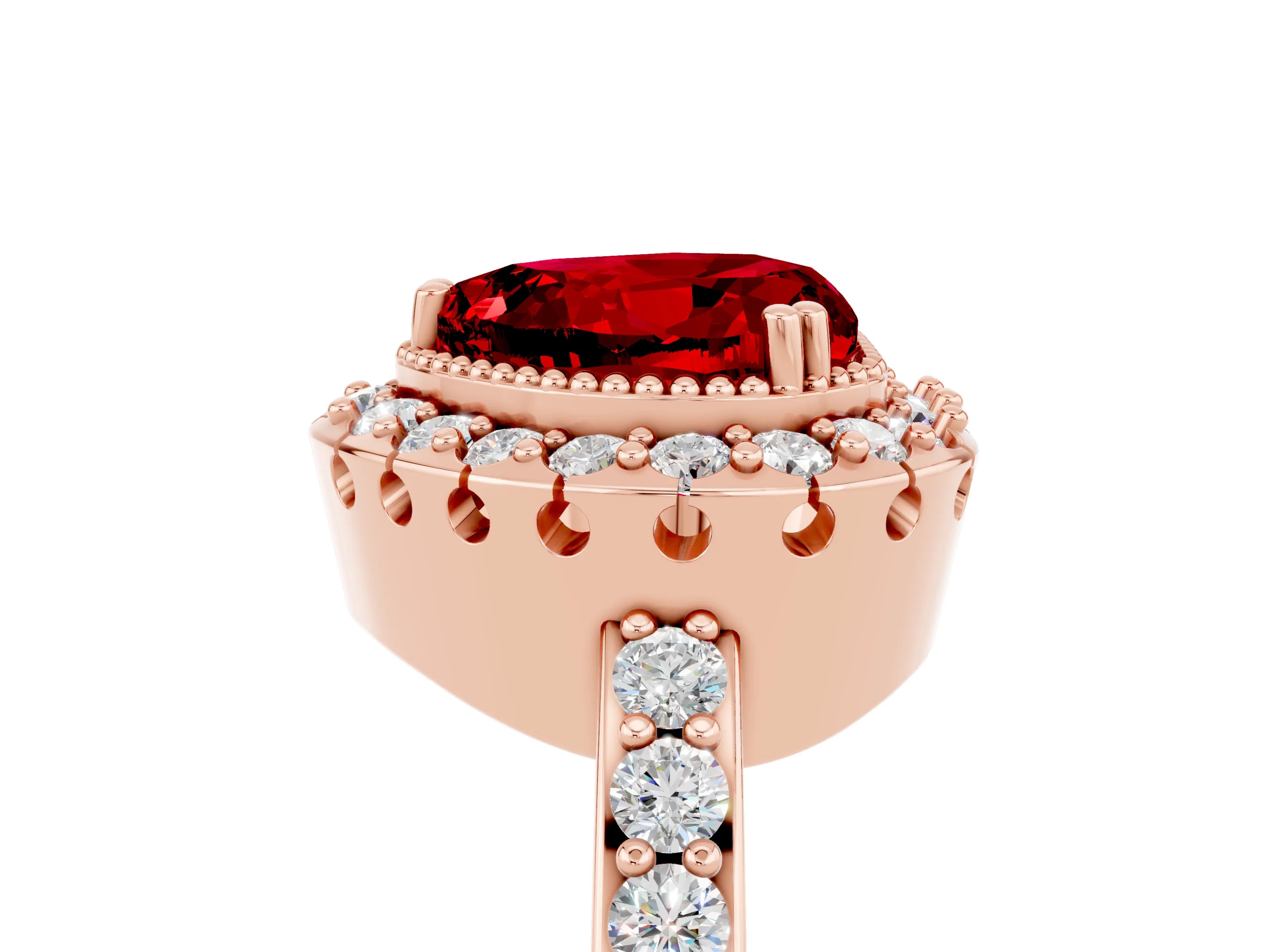 Rose gold Heart Cut Diamond Halo Ring with Pavé Band and Prong Setting_5