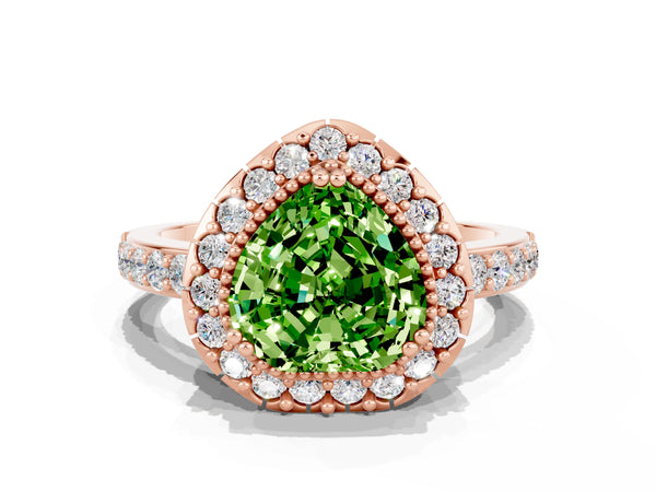 Rose gold Heart Cut Peridot Halo Ring with Pavé Band and Prong Setting