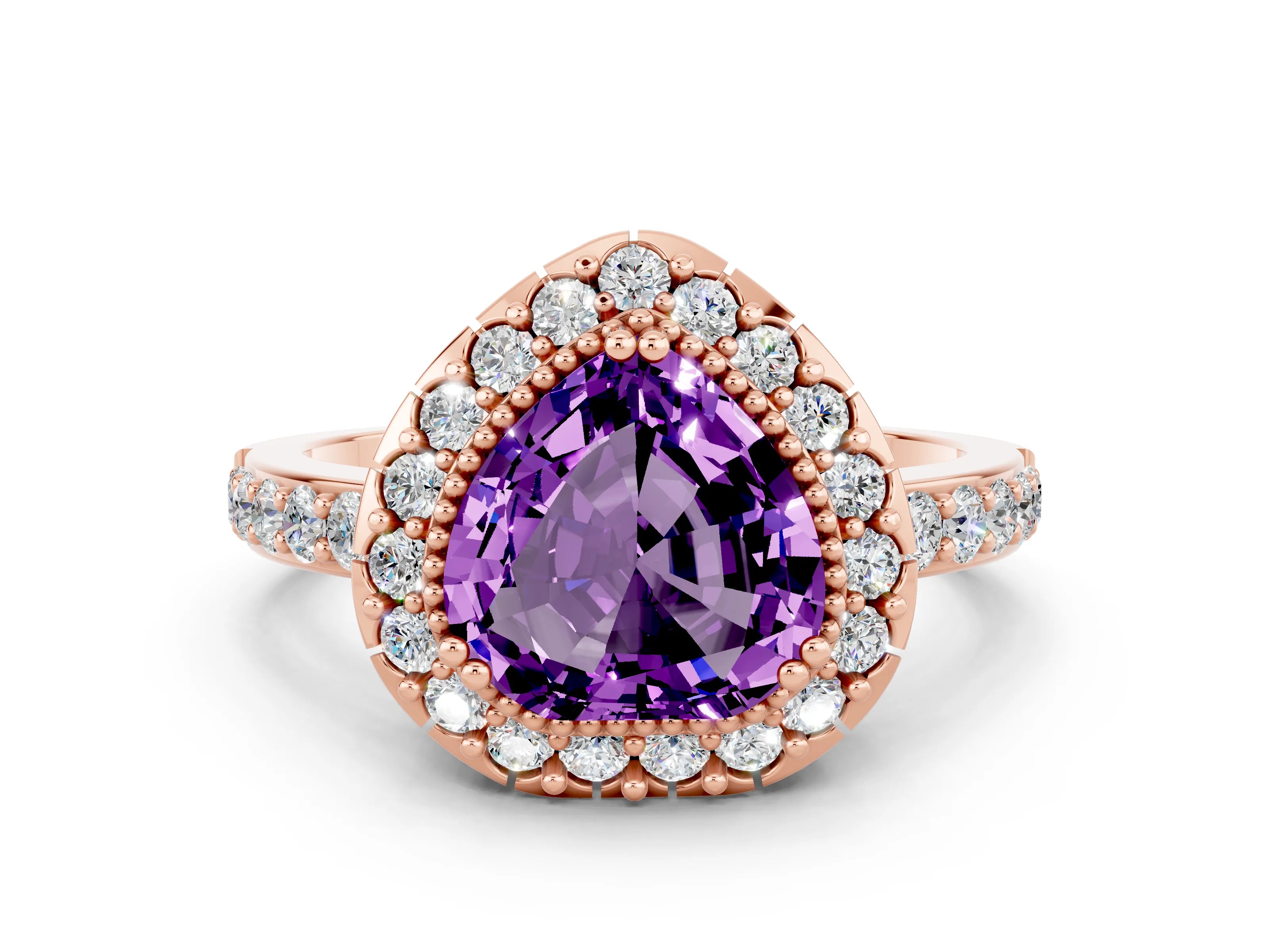 Rose gold Heart Cut Diamond Halo Ring with Pavé Band and Prong Setting