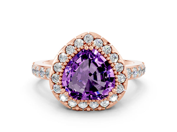 Rose gold Heart Cut Amethyst Halo Ring with Pavé Band and Prong Setting