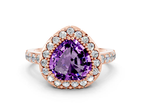 Rose gold Heart Cut Diamond Halo Ring with Pavé Band and Prong Setting