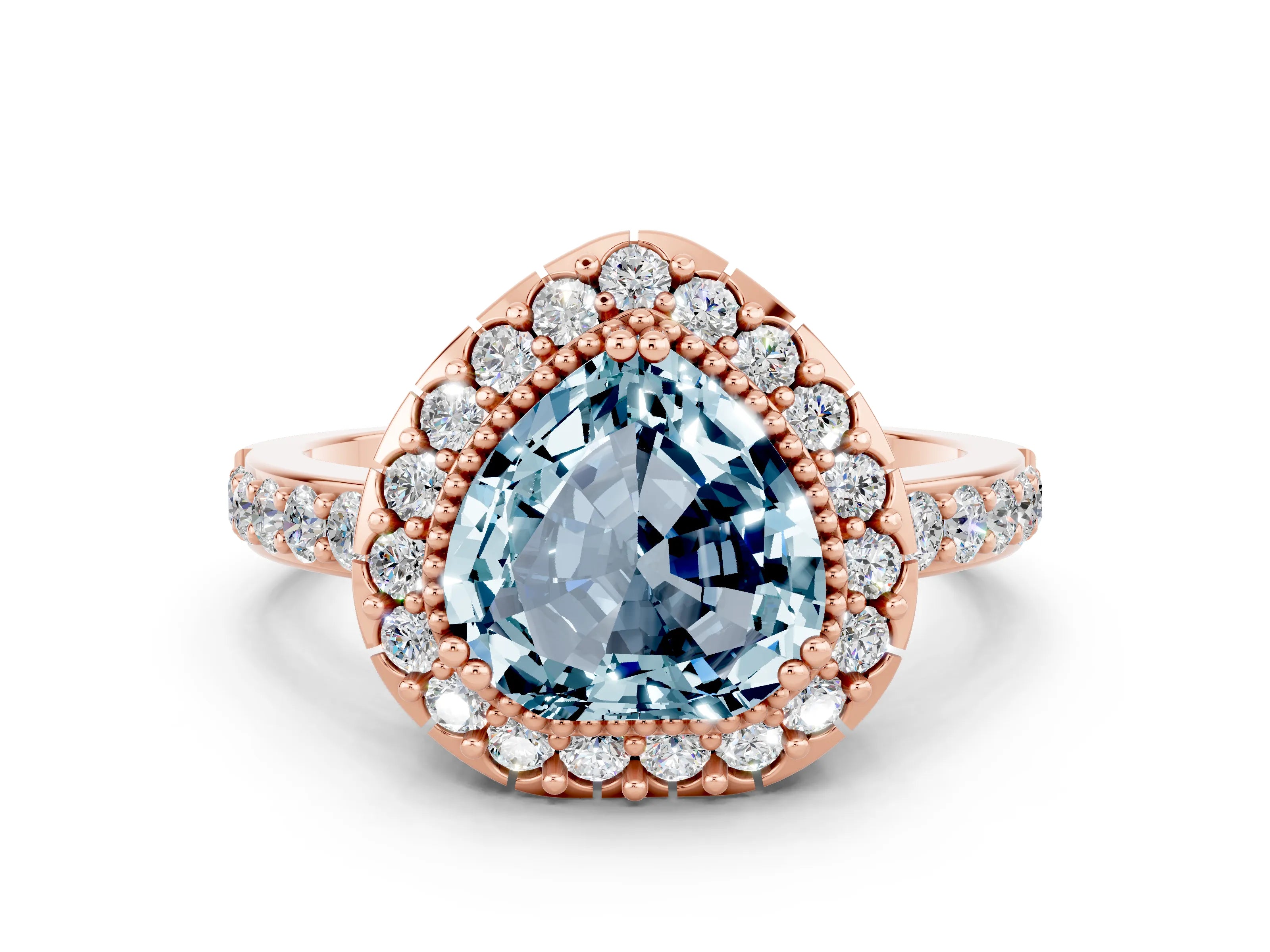 Rose gold Heart Cut Diamond Halo Ring with Pavé Band and Prong Setting