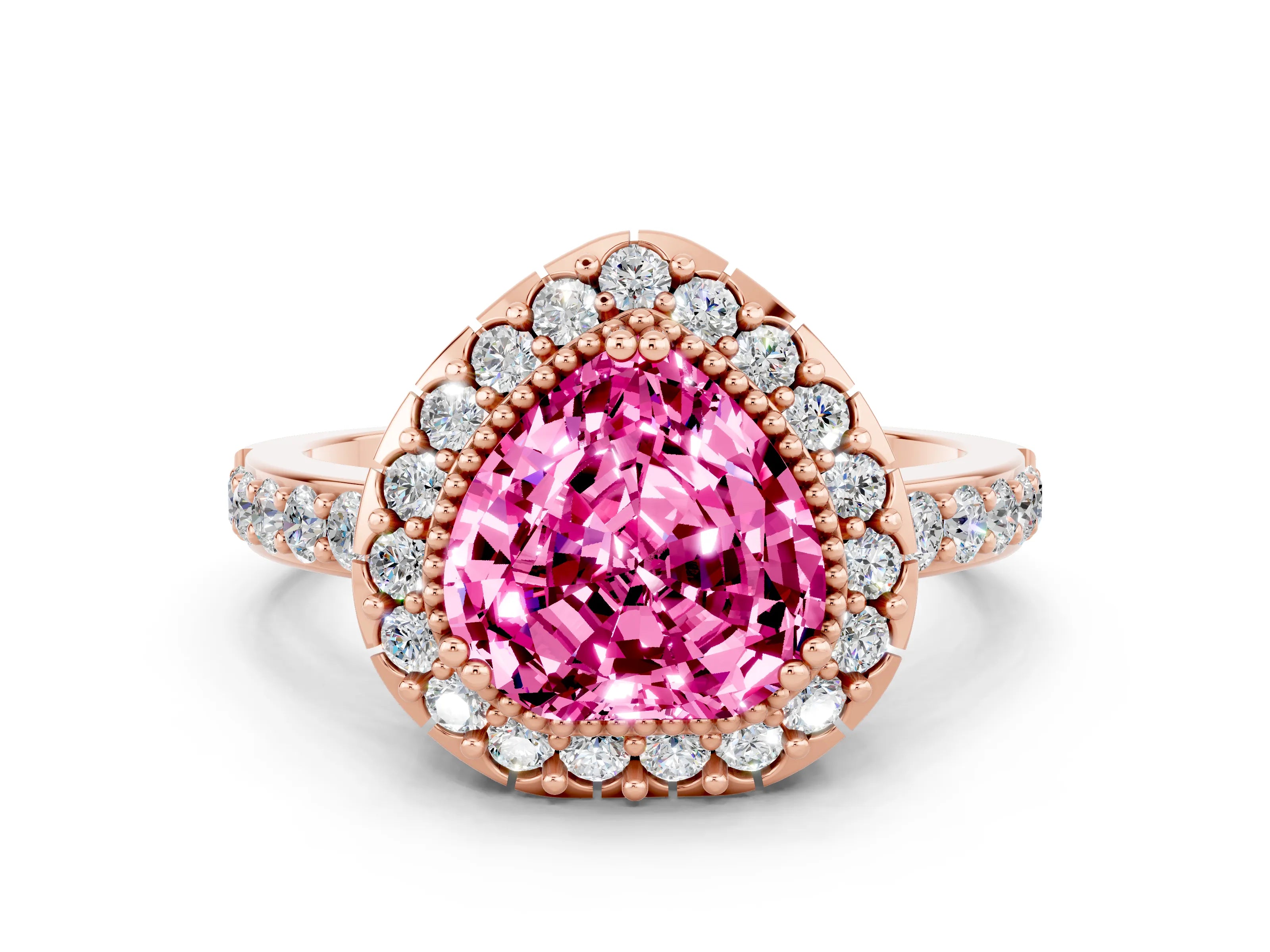 Rose gold Heart Cut Diamond Halo Ring with Pavé Band and Prong Setting