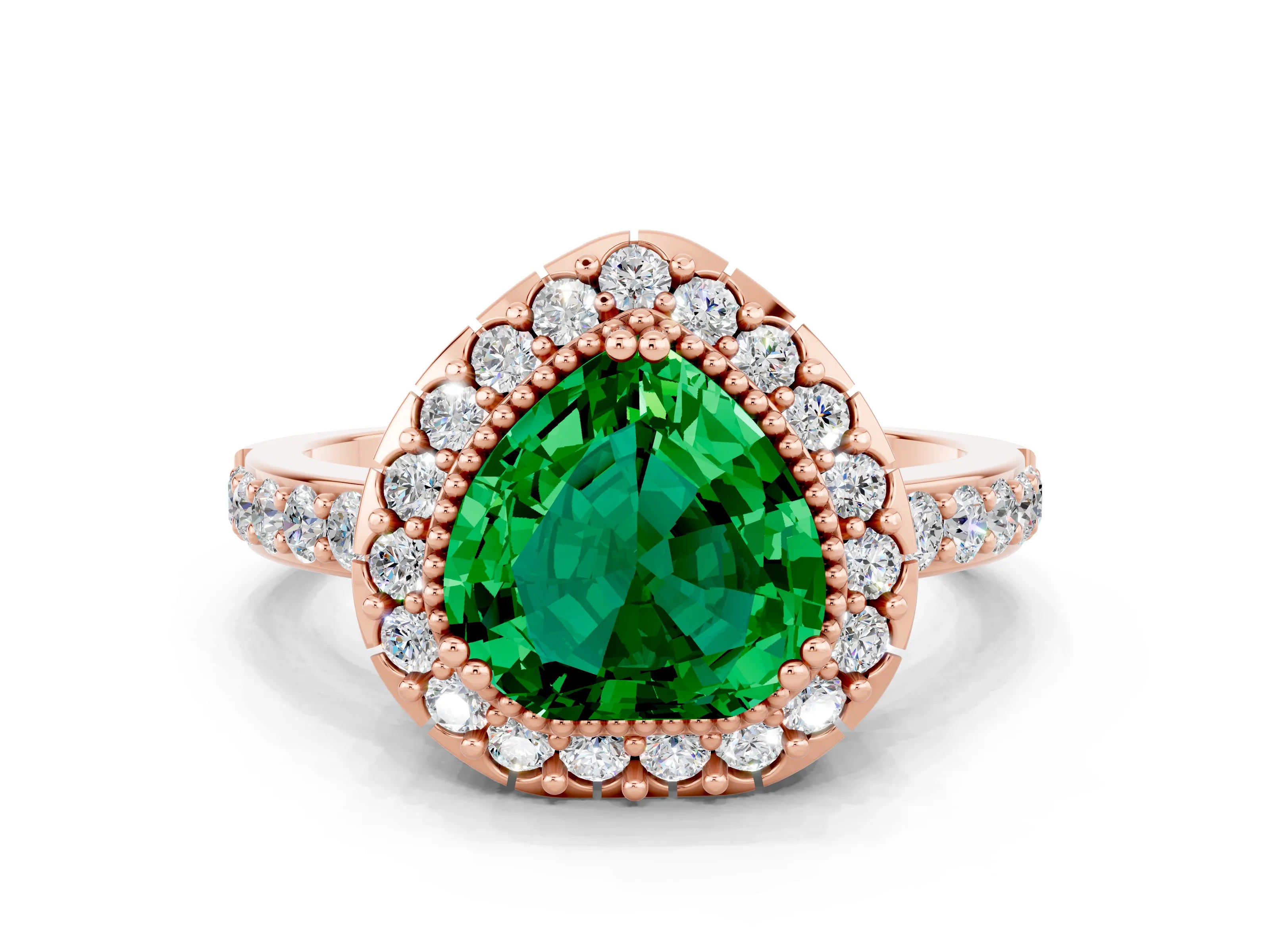 Rose gold Heart Cut Diamond Halo Ring with Pavé Band and Prong Setting