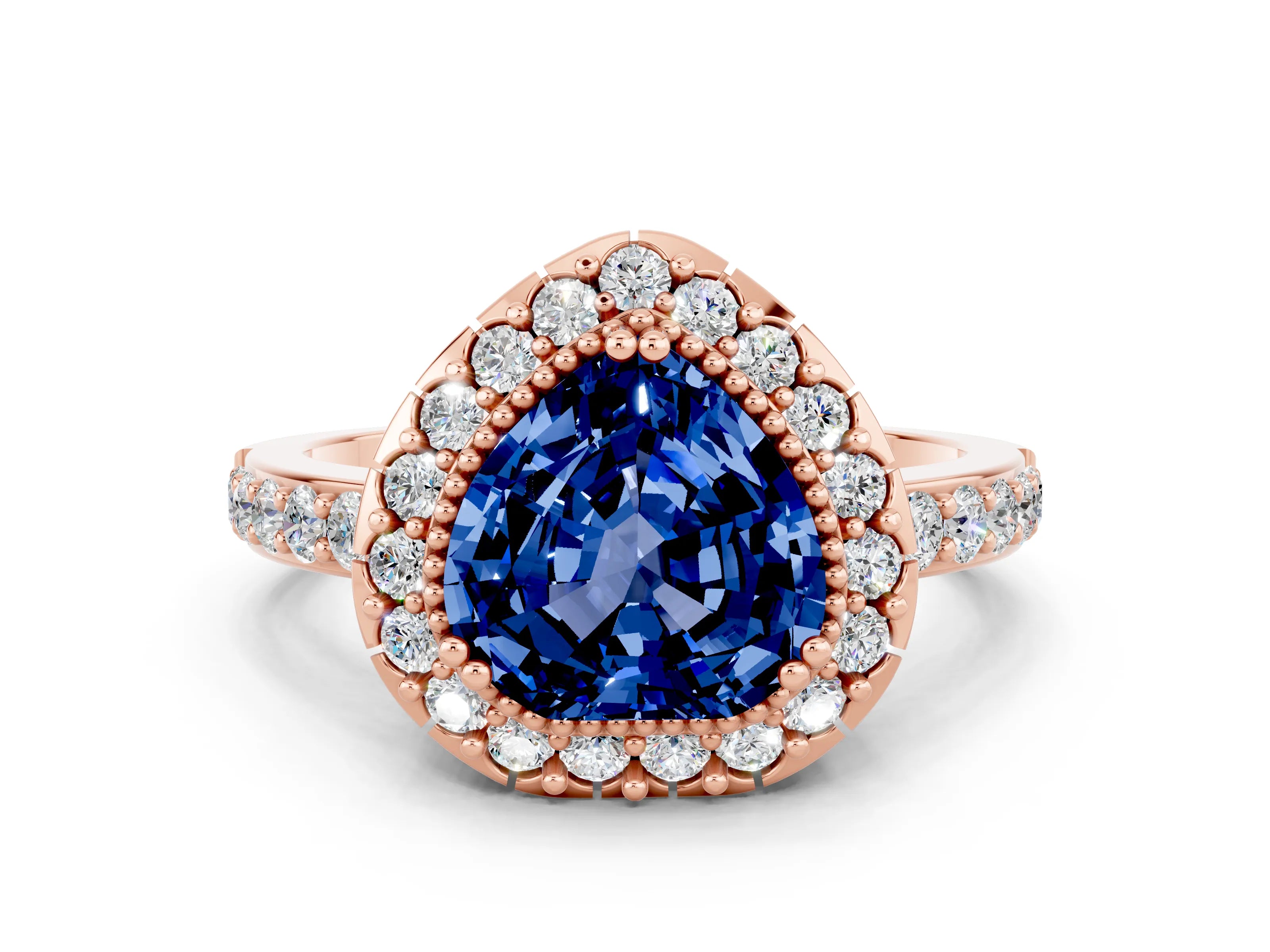 Rose gold Heart Cut Diamond Halo Ring with Pavé Band and Prong Setting