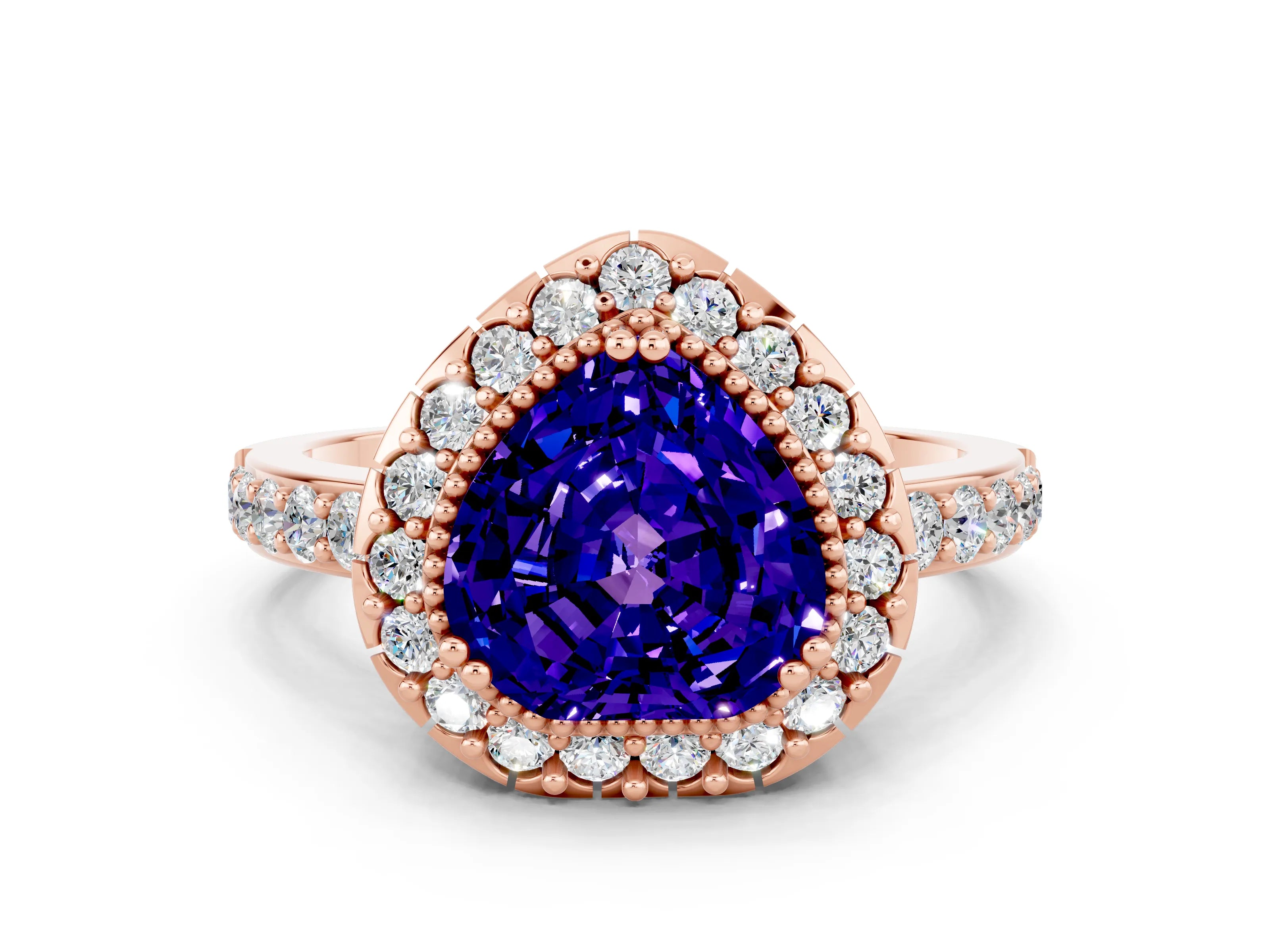 Rose gold Heart Cut Diamond Halo Ring with Pavé Band and Prong Setting
