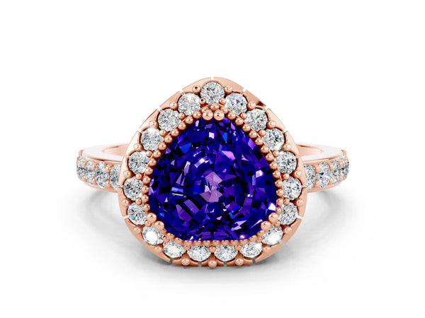 Rose gold Heart Cut Tanzanite Halo Ring with Pavé Band and Prong Setting