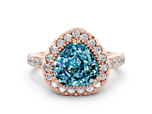 Rose gold Heart Cut Blue Topaz Halo Ring with Pavé Band and Prong Setting