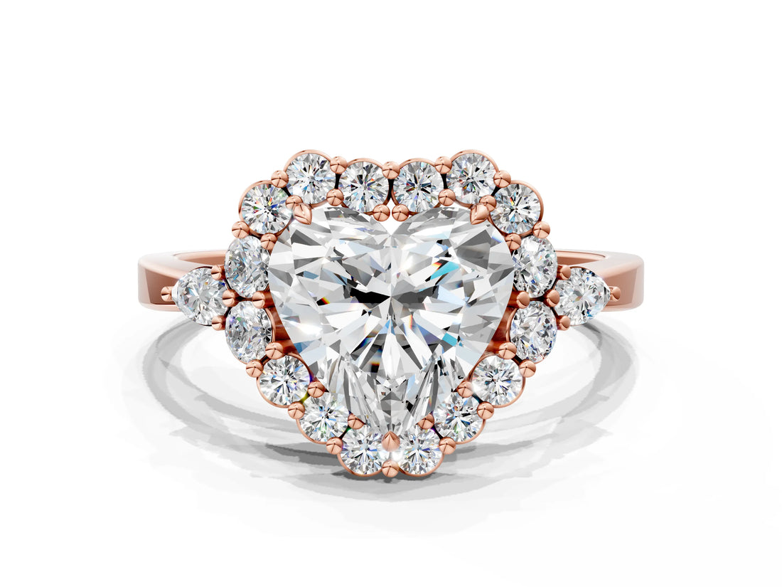 Rose gold Heart Cut Diamond Halo Ring with Pear Side Stones and Prong Setting_57