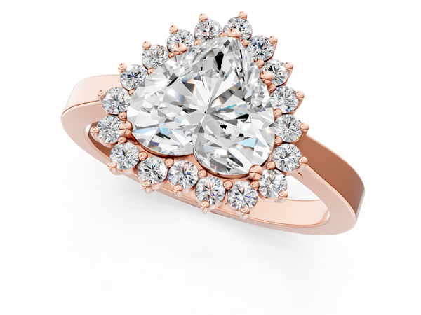 Rose gold Heart Cut Diamond Halo Ring with Round Brilliant Halo and Solitaire Band