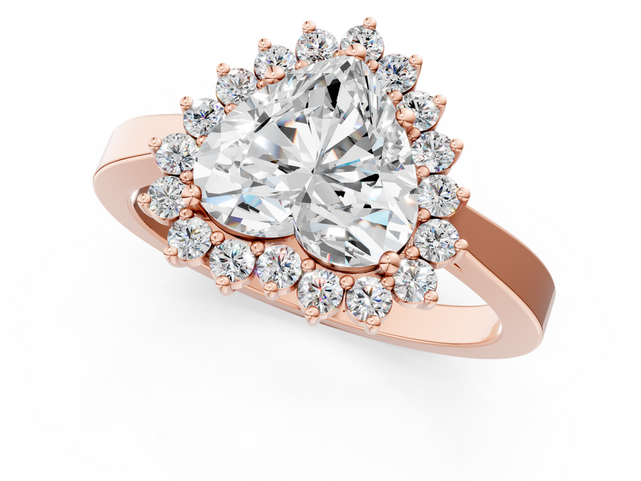 Rose gold Heart Cut Diamond Halo Ring with Round Brilliant Halo and Solitaire Band