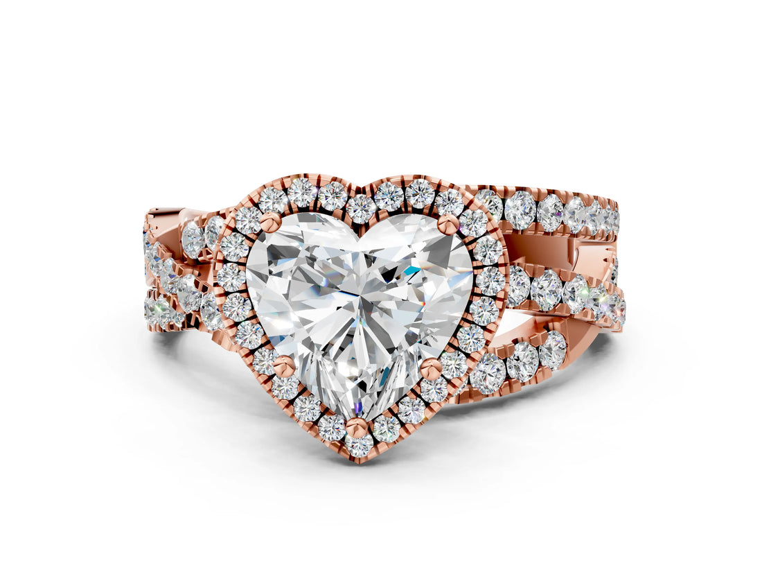 Rose gold Heart Cut Diamond Halo Ring with Round Split Shank and Prong Setting_36