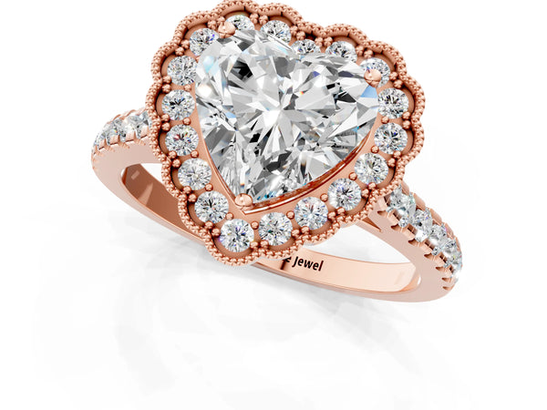 Rose gold Heart Cut Diamond Milgrain Floral Halo Engagement Ring with Pavé Band