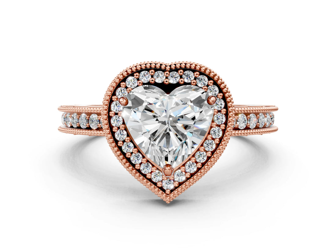 Rose gold Heart Cut Diamond Milgrain Halo Engagement Ring with Round Pavé Band and Prong Setting_25