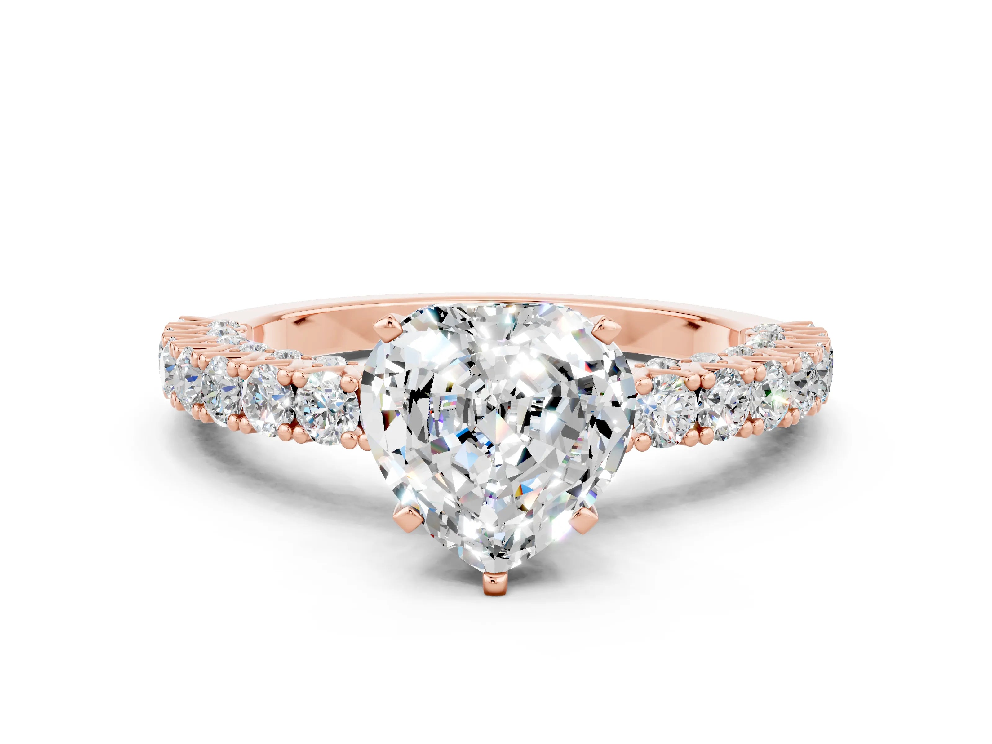 Rose gold Heart Cut Diamond Pavé Band Solitaire Ring with Prong Setting