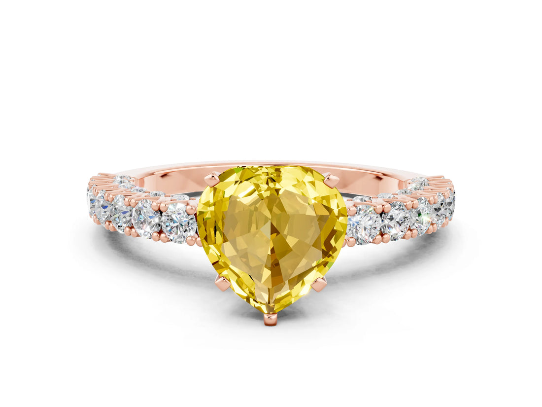 Rose gold Heart Cut Diamond Pavé Band Solitaire Ring with Prong Setting