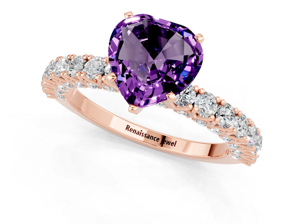 Rose gold Heart Cut Amethyst Solitaire Ring with Round Accent Pavé Band and Prong Setting