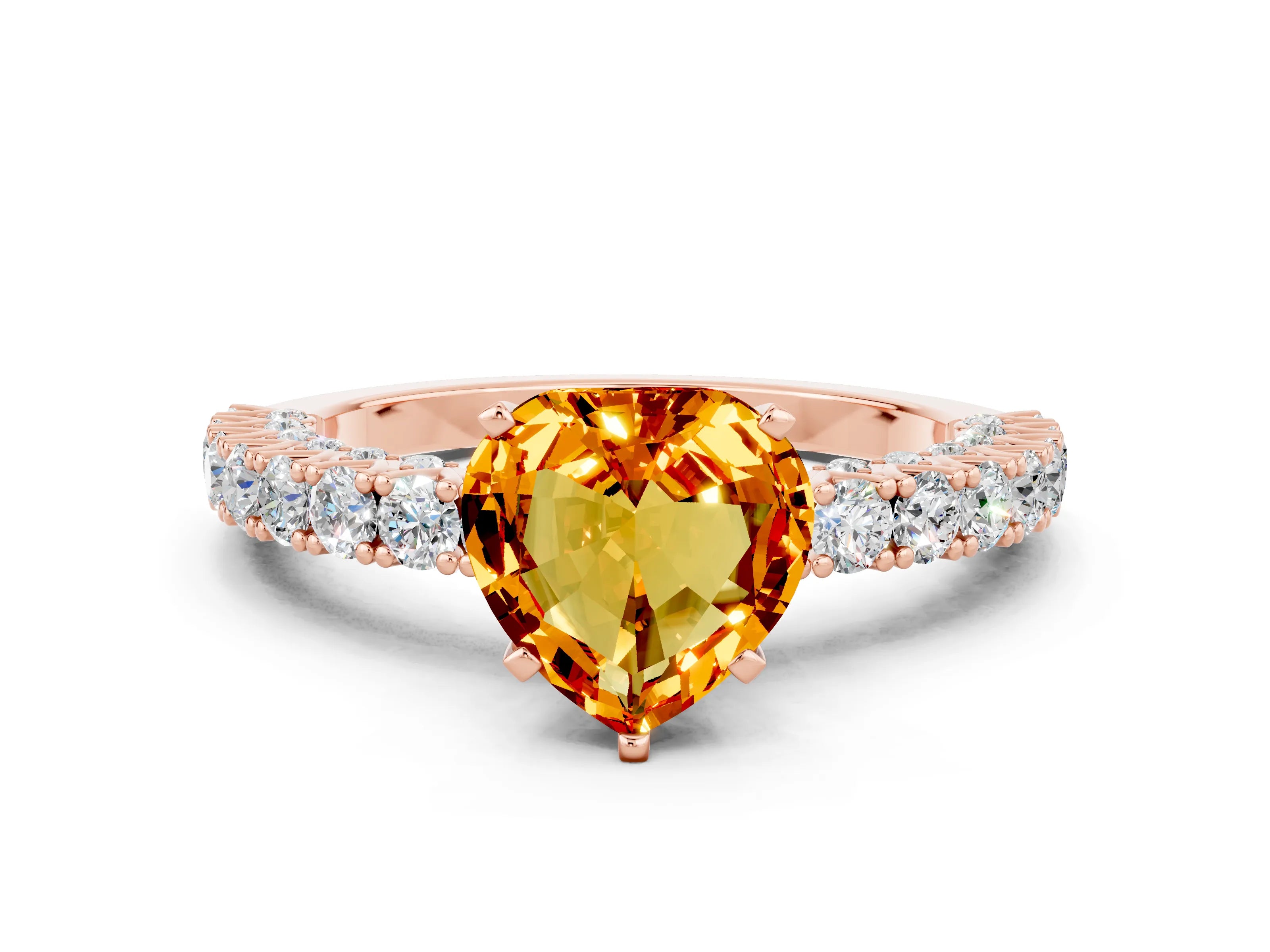 Rose gold Heart Cut Diamond Pavé Band Solitaire Ring with Prong Setting