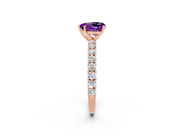 Rose gold Heart Cut Amethyst Solitaire Ring with Round Accent Pavé Band and Prong Setting