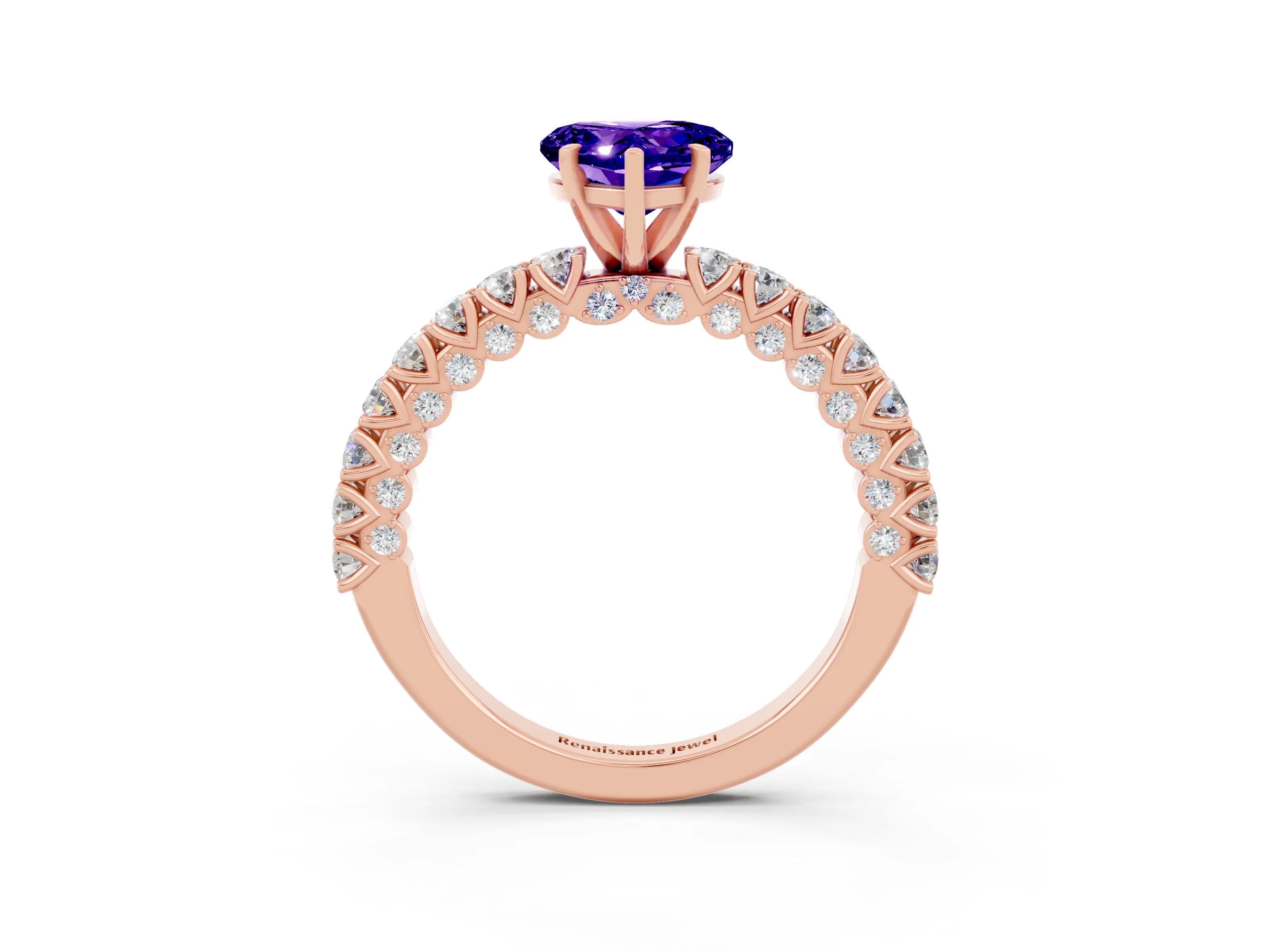 Rose gold Heart Cut Diamond Pavé Band Solitaire Ring with Prong Setting_3