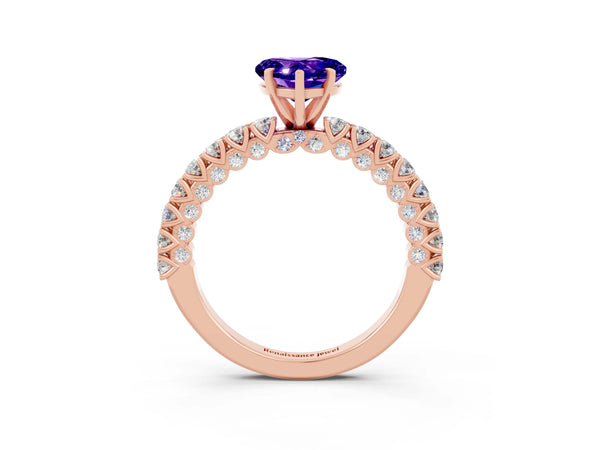 Rose gold Heart Cut Diamond Pavé Band Solitaire Ring with Prong Setting