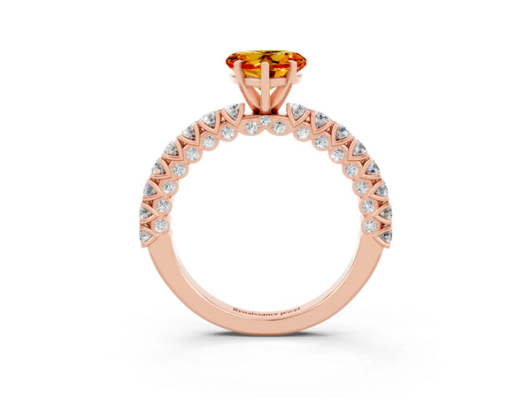 Rose gold Heart Cut Diamond Pavé Band Solitaire Ring with Prong Setting