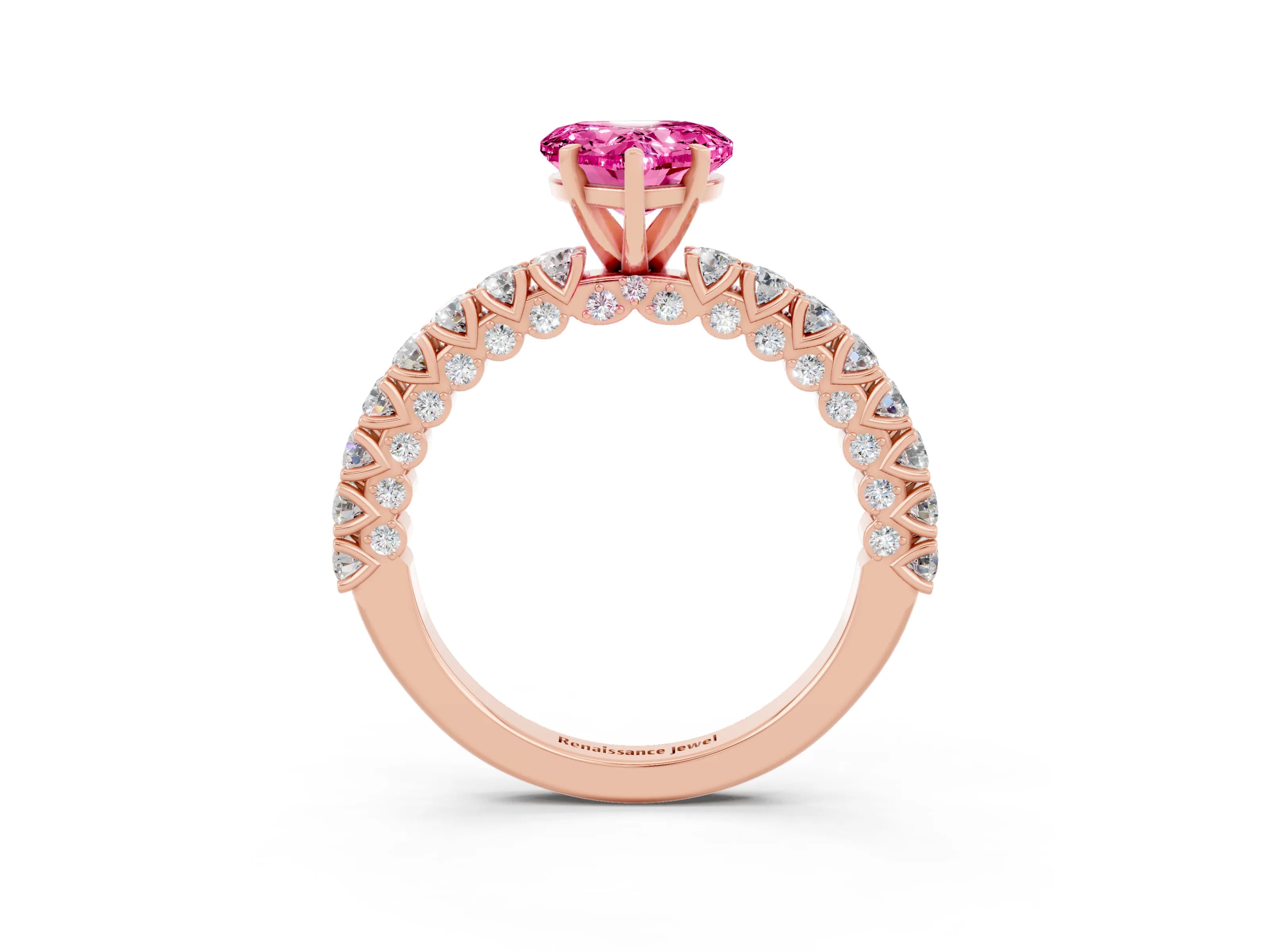 Rose gold Heart Cut Diamond Pavé Band Solitaire Ring with Prong Setting_3