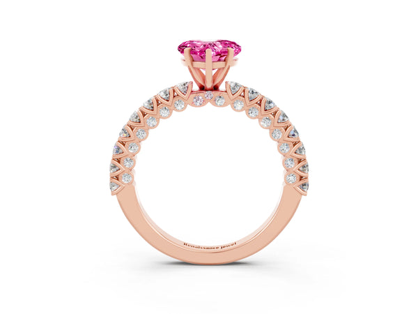Rose gold Heart Cut Diamond Pavé Band Solitaire Ring with Prong Setting