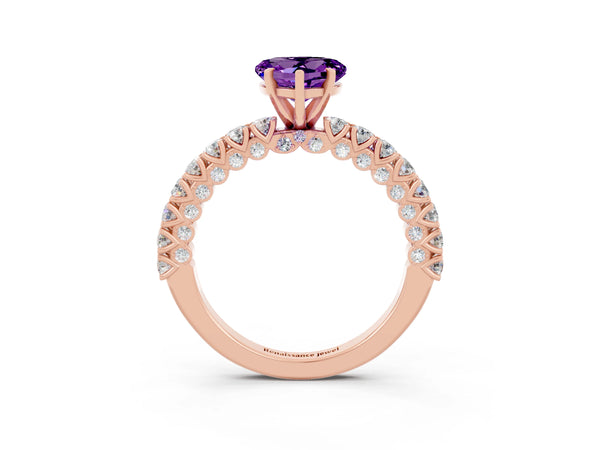 Rose gold Heart Cut Amethyst Solitaire Ring with Round Accent Pavé Band and Prong Setting