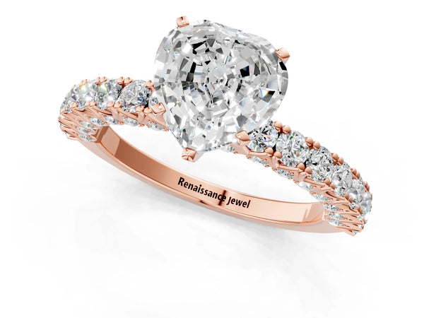 Rose Gold Heart-Shaped Solitaire Engagement Ring Setting with Two-Row Round Accent Band
