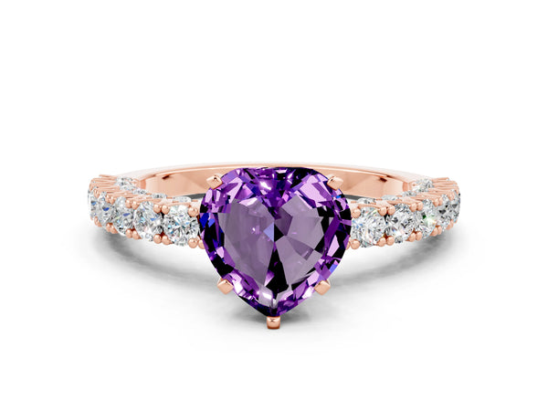 Rose gold Heart Cut Amethyst Solitaire Ring with Round Accent Pavé Band and Prong Setting