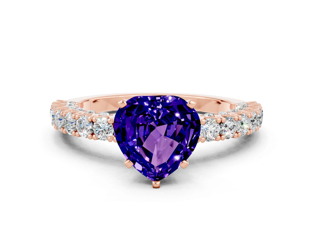 Rose gold Heart Cut Diamond Pavé Band Solitaire Ring with Prong Setting