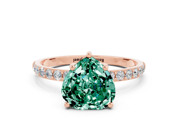 Rose gold Heart Cut Green Sapphire Solitaire Ring with Round Pavé Shoulders and Prong Setting