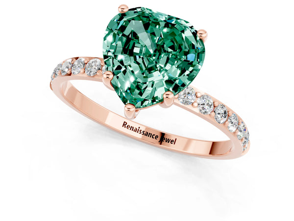 Rose gold Heart Cut Green Sapphire Solitaire Ring with Round Pavé Shoulders and Prong Setting