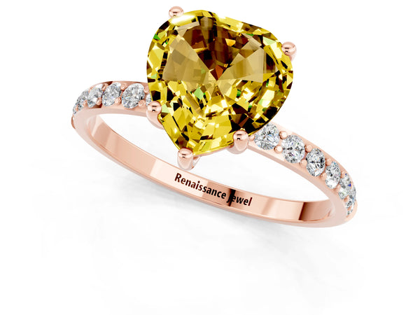 Rose gold Heart Cut Yellow Sapphire Solitaire Ring with Round Pavé Shoulders and Prong Setting