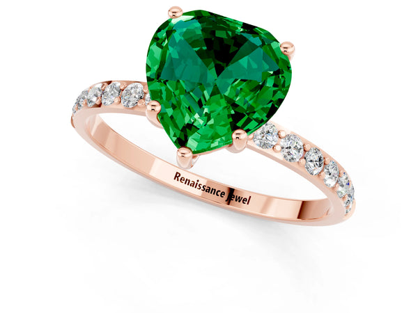 Rose gold Heart Cut Emerald Solitaire Ring with Round Pavé Shoulders and Prong Setting