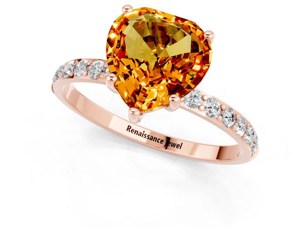 Rose gold Heart Cut Citrine Solitaire Ring with Round Pavé Shoulders and Prong Setting