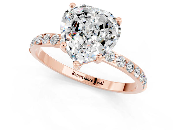 Rose gold Heart Cut Moissanite Solitaire Ring with Round Pavé Shoulders and Prong Setting