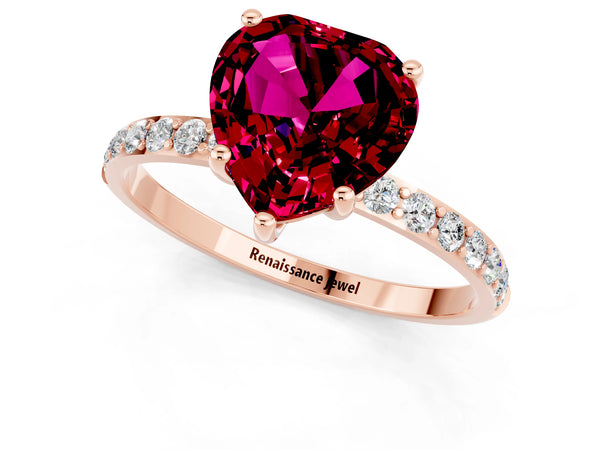 Rose gold Heart Cut Garnet Solitaire Ring with Round Pavé Shoulders and Prong Setting