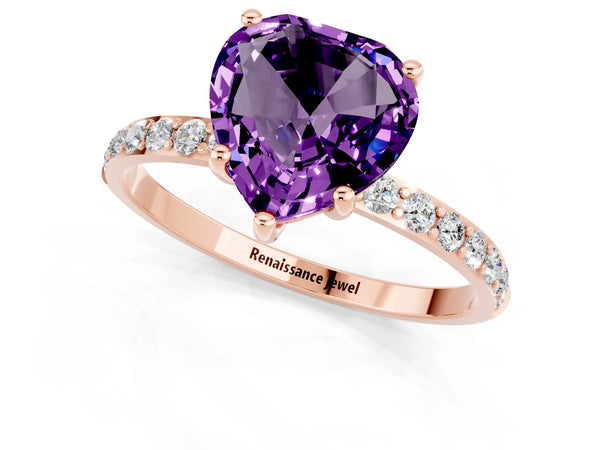Rose gold Heart Cut Amethyst Solitaire Ring with Round Pavé Shoulders and Prong Setting