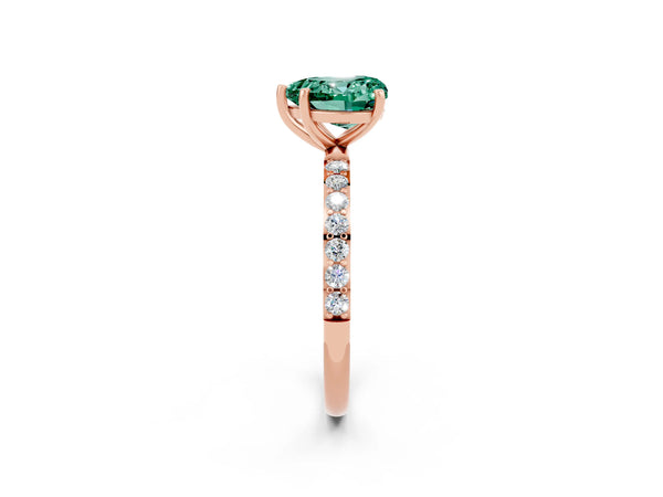 Rose gold Heart Cut Green Sapphire Solitaire Ring with Round Pavé Shoulders and Prong Setting