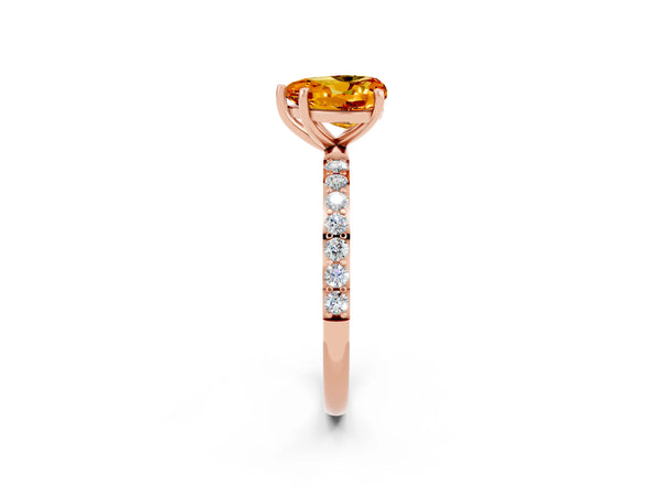 Rose gold Heart Cut Citrine Solitaire Ring with Round Pavé Shoulders and Prong Setting