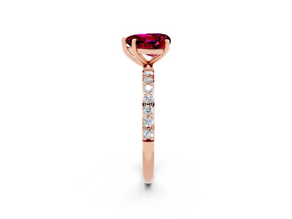 Rose gold Heart Cut Garnet Solitaire Ring with Round Pavé Shoulders and Prong Setting