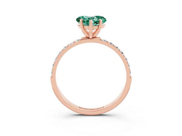 Rose gold Heart Cut Green Sapphire Solitaire Ring with Round Pavé Shoulders and Prong Setting
