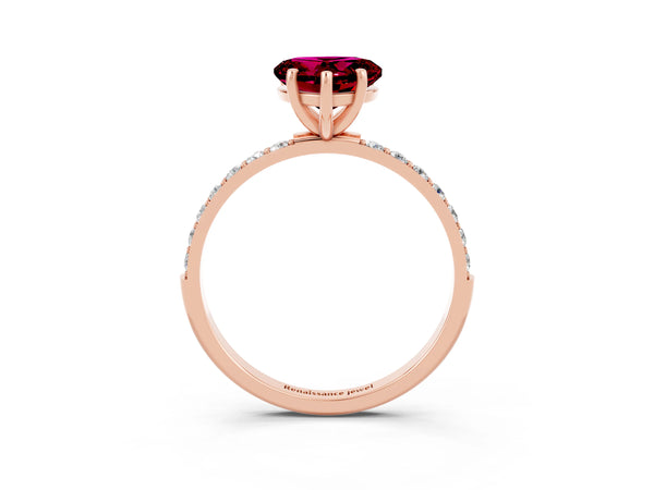 Rose gold Heart Cut Garnet Solitaire Ring with Round Pavé Shoulders and Prong Setting
