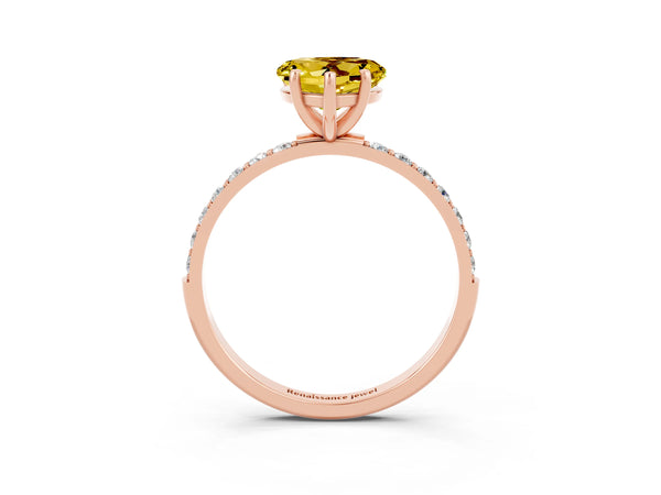Rose gold Heart Cut Yellow Sapphire Solitaire Ring with Round Pavé Shoulders and Prong Setting