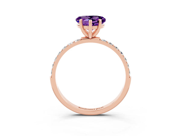 Rose gold Heart Cut Amethyst Solitaire Ring with Round Pavé Shoulders and Prong Setting